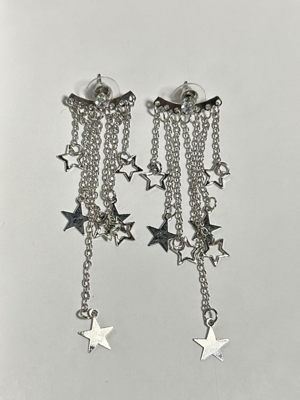 Silver Star Front Back Ear Jacket Tassel Chain Earrings Celestial